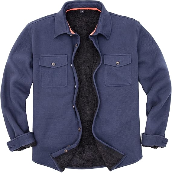 thcreasa 男式华夫格夏尔巴羊毛衬里衬衫夹克,纽扣衬衫夹克,带插手