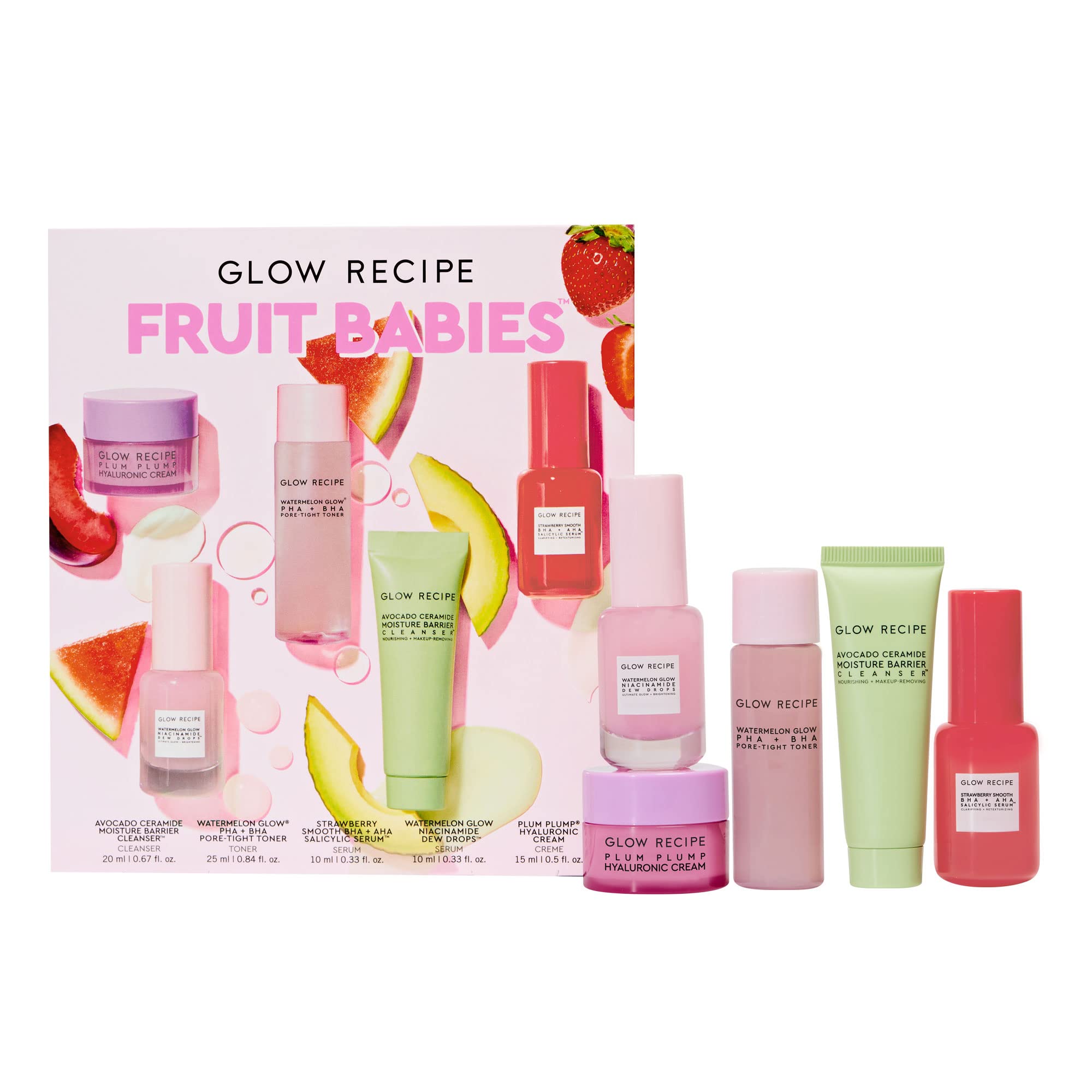 Glow Recipe - Fruit Babies Best Selling Set - Mini Travel * Essential - Avocado foam Cleanser, Nicotinamide Dew essence, Pore Firming Toner, Salix essence, Hyaluronic Acid Cream (5 pieces)
