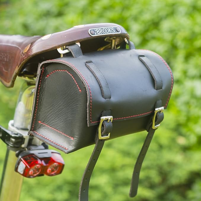 经典方形鞍座/车把自行车包天然皮革黑色/红色自行车工具箱-bl/red