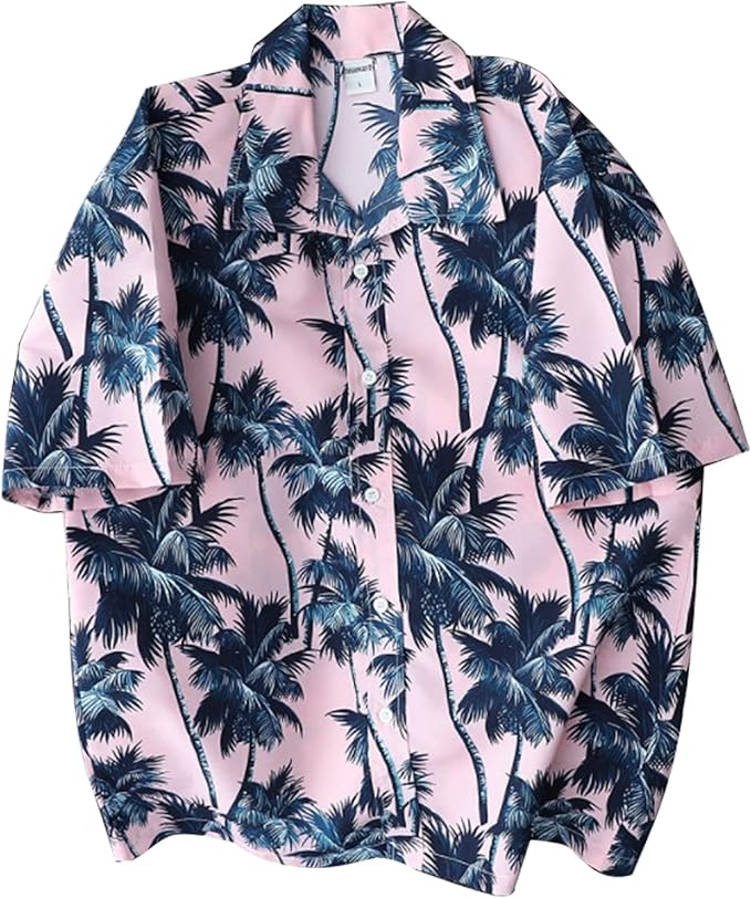 angbater 男式海滩夏威夷衬衫印花短袖宽松休闲男式纽扣衬衫