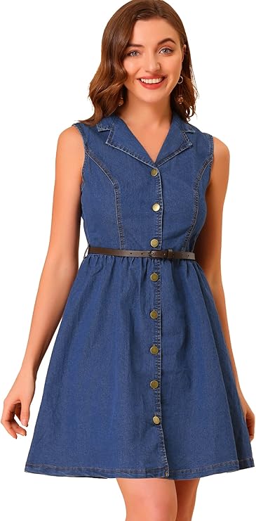allegra k 牛仔连衣裙女式高腰纽扣前 a 字无袖衬衫连衣裙