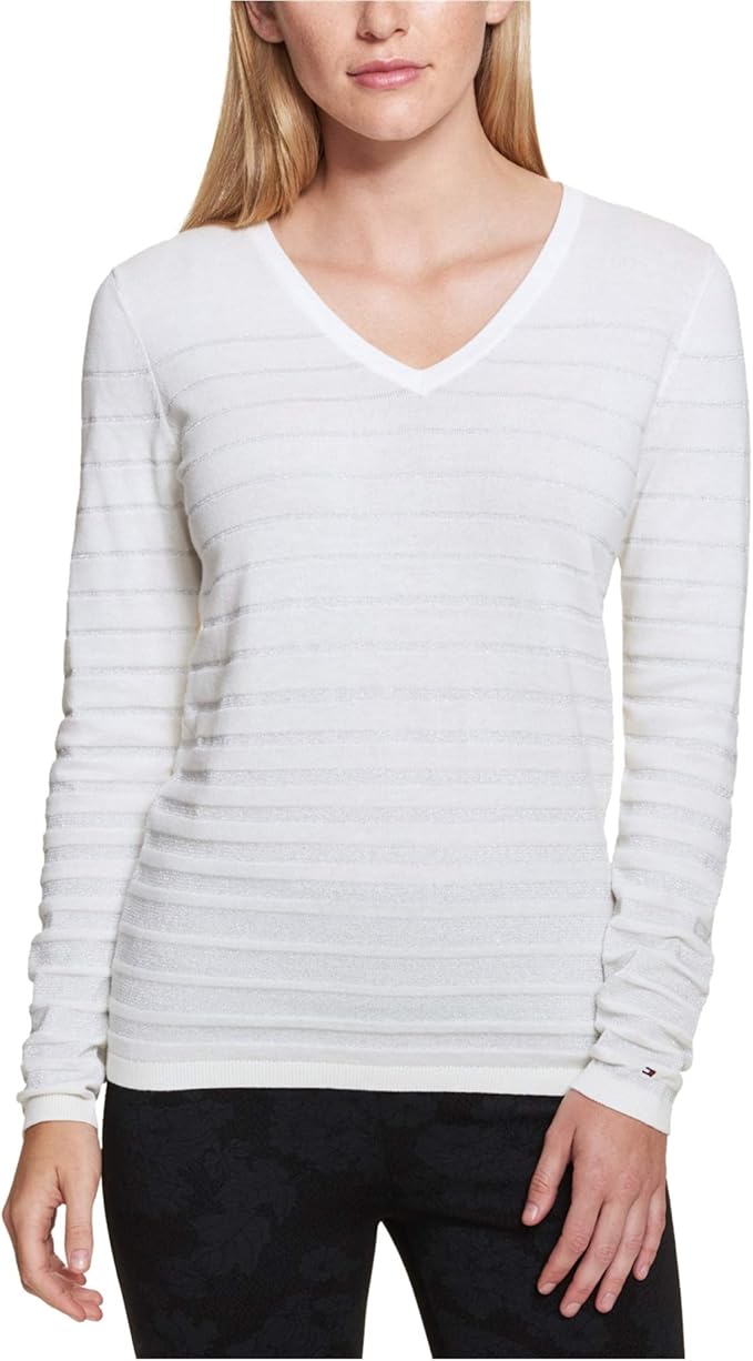 女士针织 v 领套头毛衣 白色象牙色 large 【tommy hilfiger 汤米