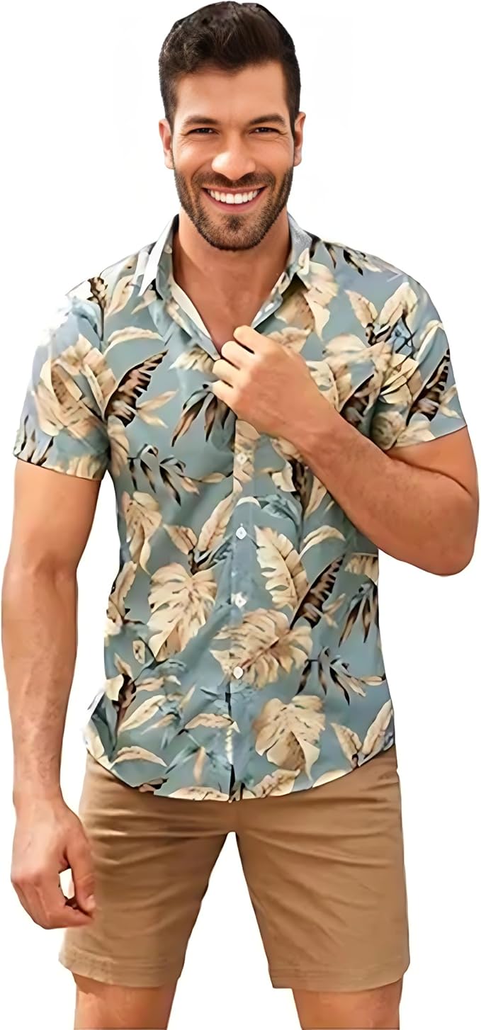 男式夏威夷纽扣衬衫短袖热带海滩衬衫夏季休闲上衣, *, 小号