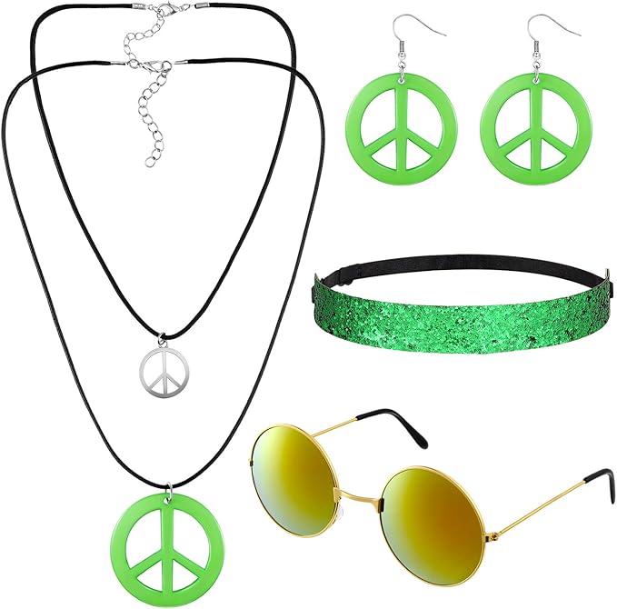 5 件装嬉皮士服装配饰套装 包括和平标志耳环和项链 60 年代70 年代风格嬉皮太阳镜 男式女式波西米亚风格头带圣帕特里克节派对用品 亚马逊中国 玩具