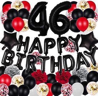 黑色快乐 46 岁生日派对装饰包 - 铝箔黑色数字 46 五彩纸屑乳胶气球