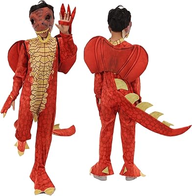 hqroidd 恐龙服装恐怖面具 2 件龙连身衣尾巴翅膀套装万圣节豪华全套