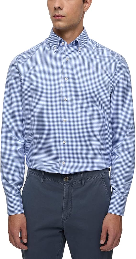 eterna 修身 1863 衬衫 长袖 纽扣领 斜纹 方格蓝色