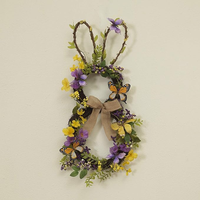 one holiday way 复活节兔子花环与蝴蝶和浆果图案 – 悬挂弹簧装饰