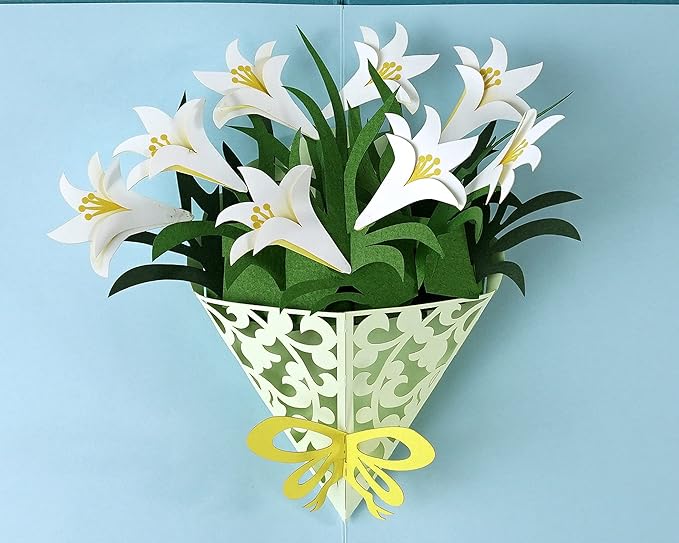 cutpopup 弹出式花朵卡,手工花贺卡百合花蓝色背景弹出式卡片,花卡