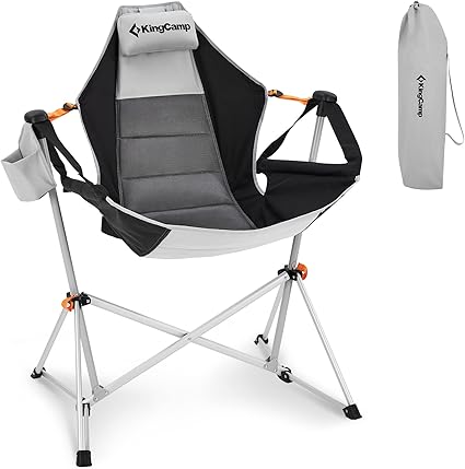 KingCamp Hammock Camping Chair Swing Rocking Chair For Adults Lawn Beach Camping Outdoor Portable Folding Chair Can Hold 300 Lbs With Adjustable Back Support Carrying Bag Cup Holder(Grey/Black)