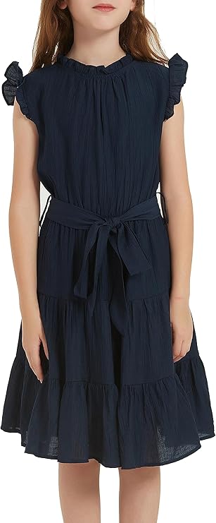 btpeihtd 女孩优雅褶皱 a 字型飘逸连衣裙带腰带少女毕业礼服 6-13 岁