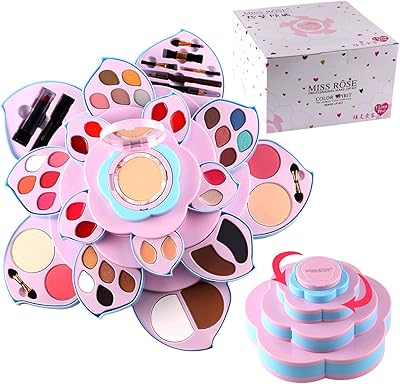 旋转梅花粉化妆盒,一体化化妆套装,包括眼影/口红/遮瑕膏/眉笔,适合