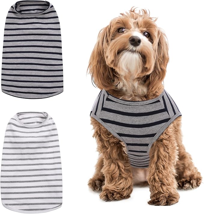 asenku 2 件装狗狗衬衫,经典狗条纹 t 恤,基本宠物背心套装,软狗背心
