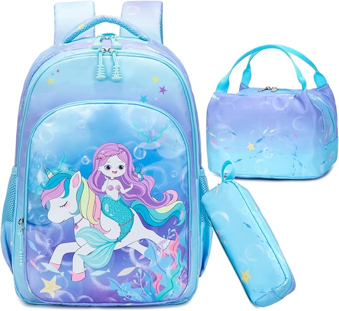 独角兽女孩背包学生背包独角兽书包书包 3 件套,适合小学返校