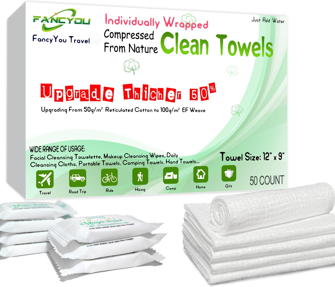 Fancyou ®  Cleaning towel XL 50 pack, ultra soft disposable face towel, thickened face towel, makeup removal large dry paper towel, sensitive skin, facial cleaning, travel equipment (separate)