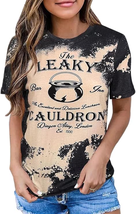leaky cauldron 漂白 t 恤女式万圣节图案 t 恤上衣秋季休闲短袖字母