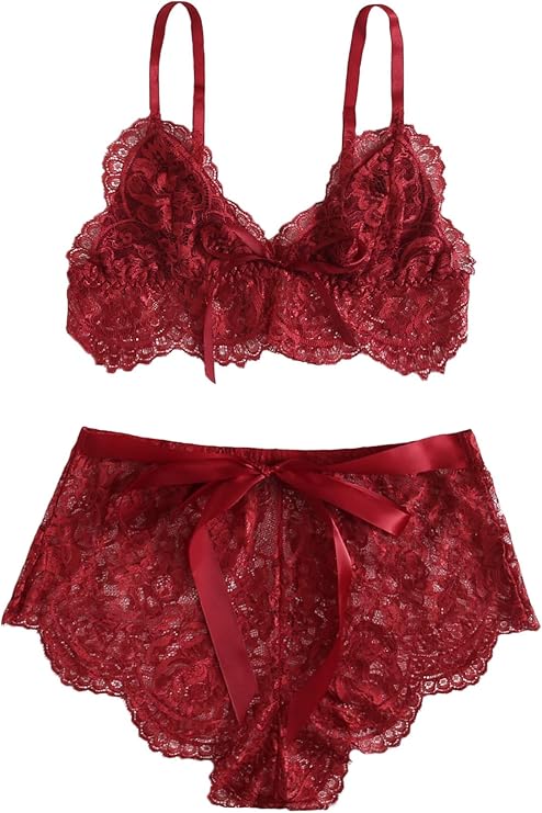 shein 女式睫毛蕾丝前系带纯色文胸和内裤内衣套装 纯酒红色 large