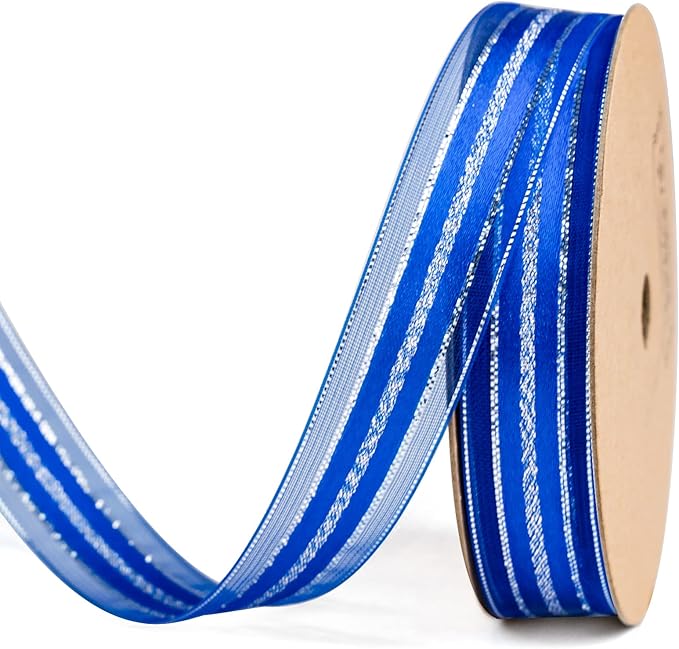 2 厘米)皇家蓝色闪光条纹透明丝带带金属光泽,用于装饰,手工,礼品包装