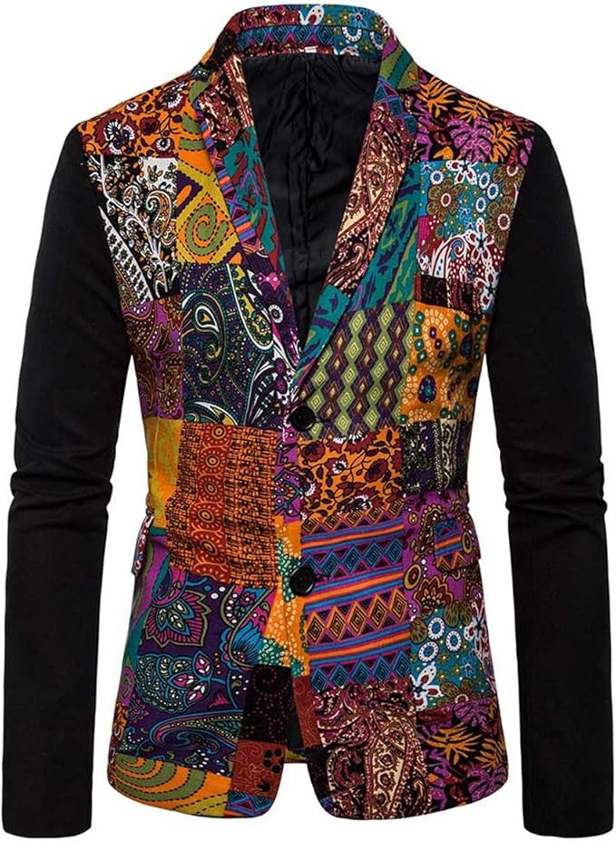 男士印花单扣西装连衣裙民族风格派对时尚修身西装