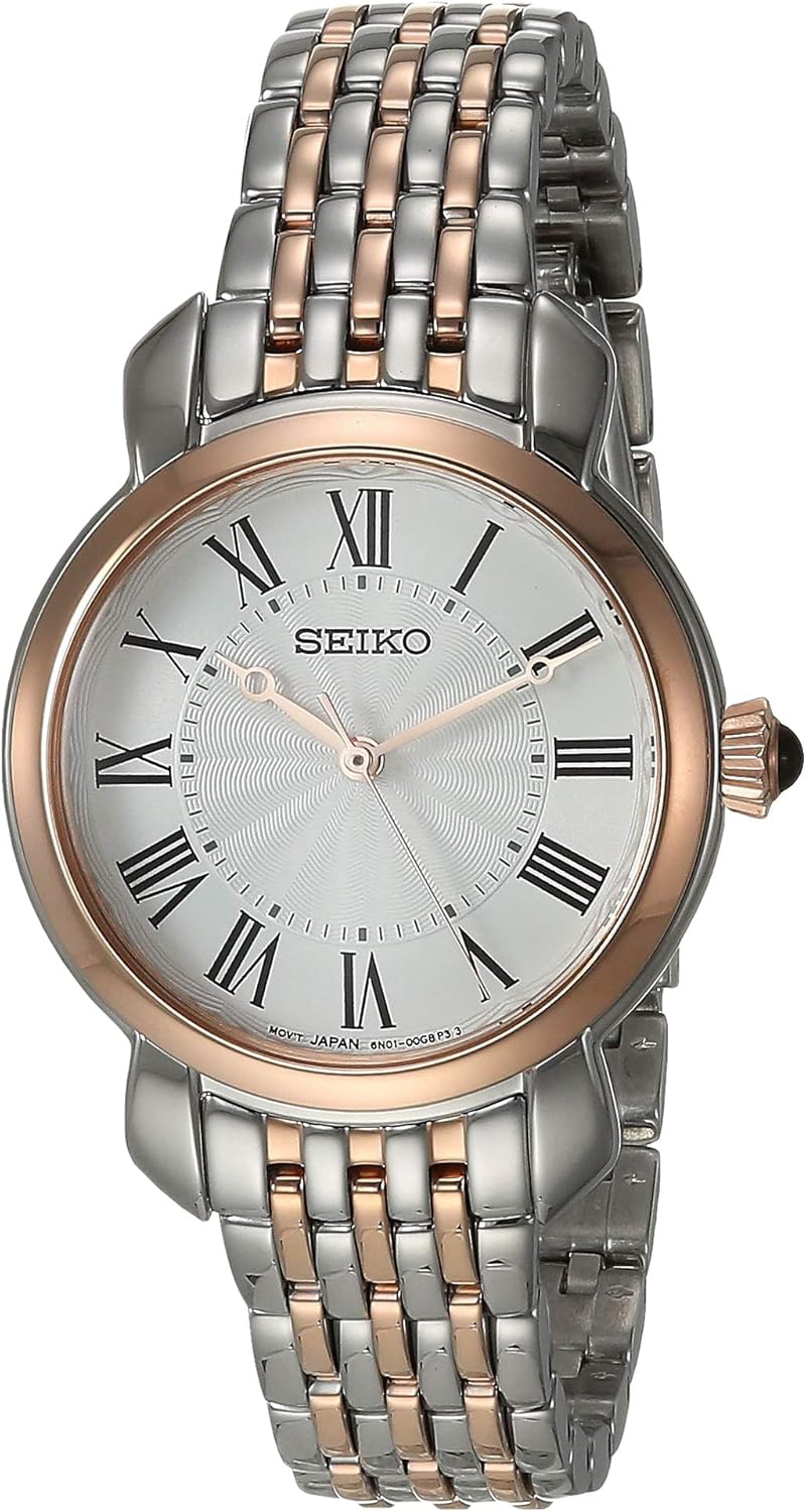 seiko 精工 女式必备日本石英钢双色表带,银色/玫瑰金,12 休闲手表