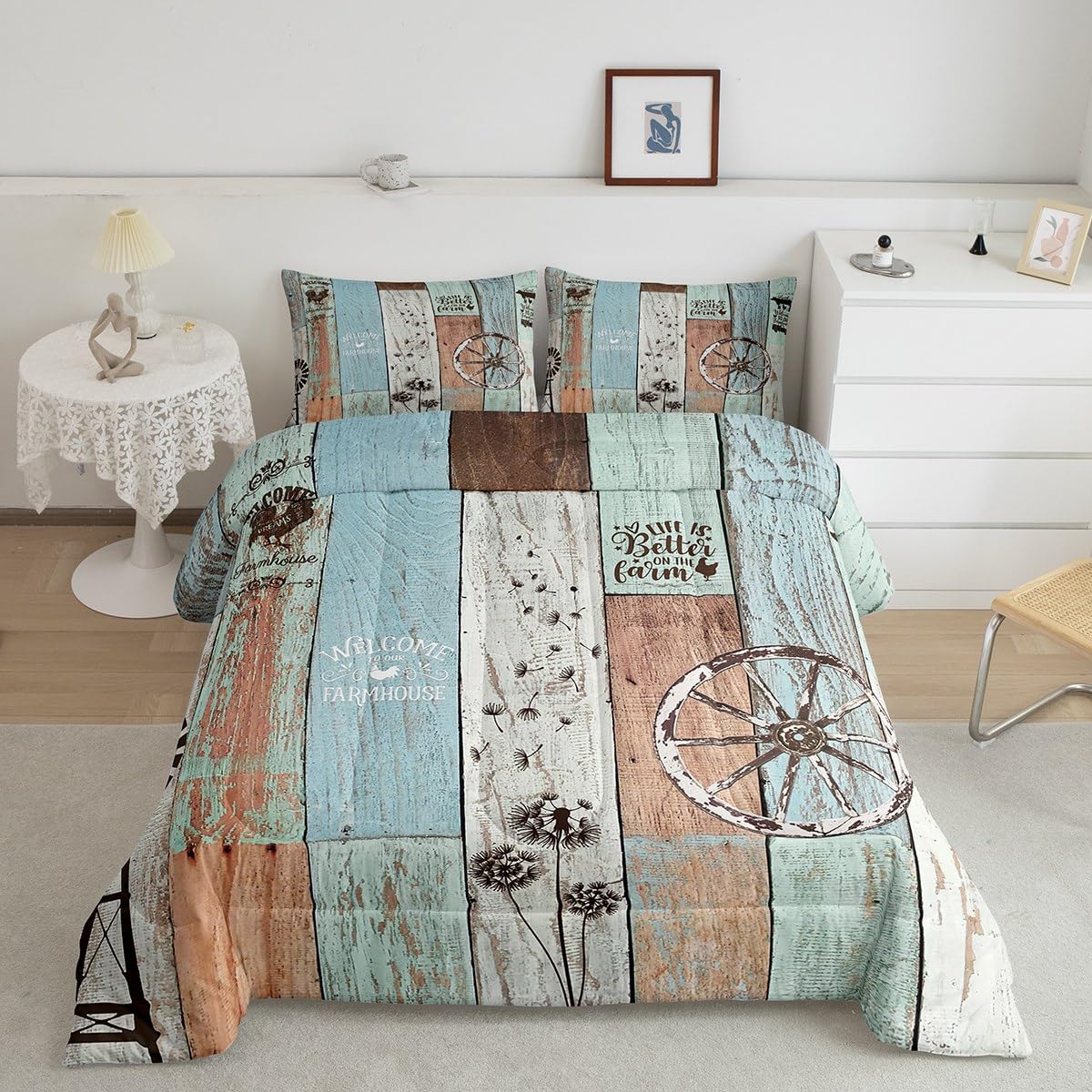 Cottage style quilt Single Bed Size, Country Wind Lathe bedding Set Vintage Country Western quilt Set Dandelion Wheel Farm Barn Door Wooden quilt Windmill Bedroom decor suitable for children teen adul