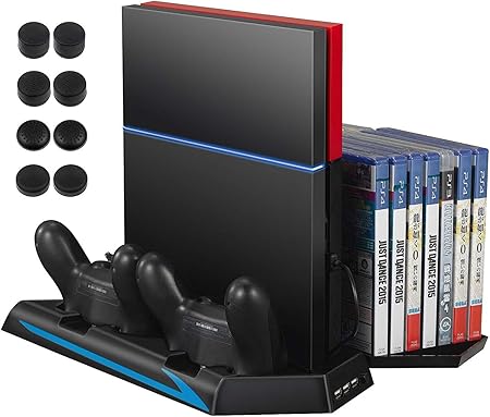 Amir Ps4 垂直支架冷却风扇 冷却器充电站带2 个控制器充电端口 14 个游戏光盘存储器 3 个hub端口 8 控制器拇指手柄 不适用于pro 或超薄 黑色