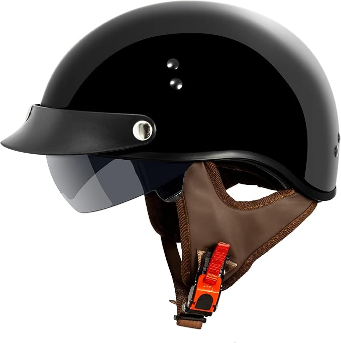 vcan cruiser 纯色光泽黑色半面摩托车头盔,带下拉遮阳板,可拆卸峰值