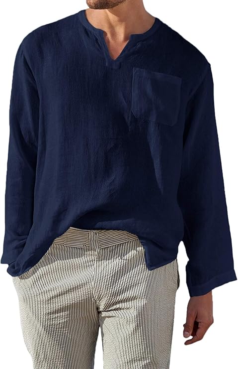 男式亚麻亨利衬衫长袖 v 领休闲宽松嬉皮海滩瑜伽上衣带口袋