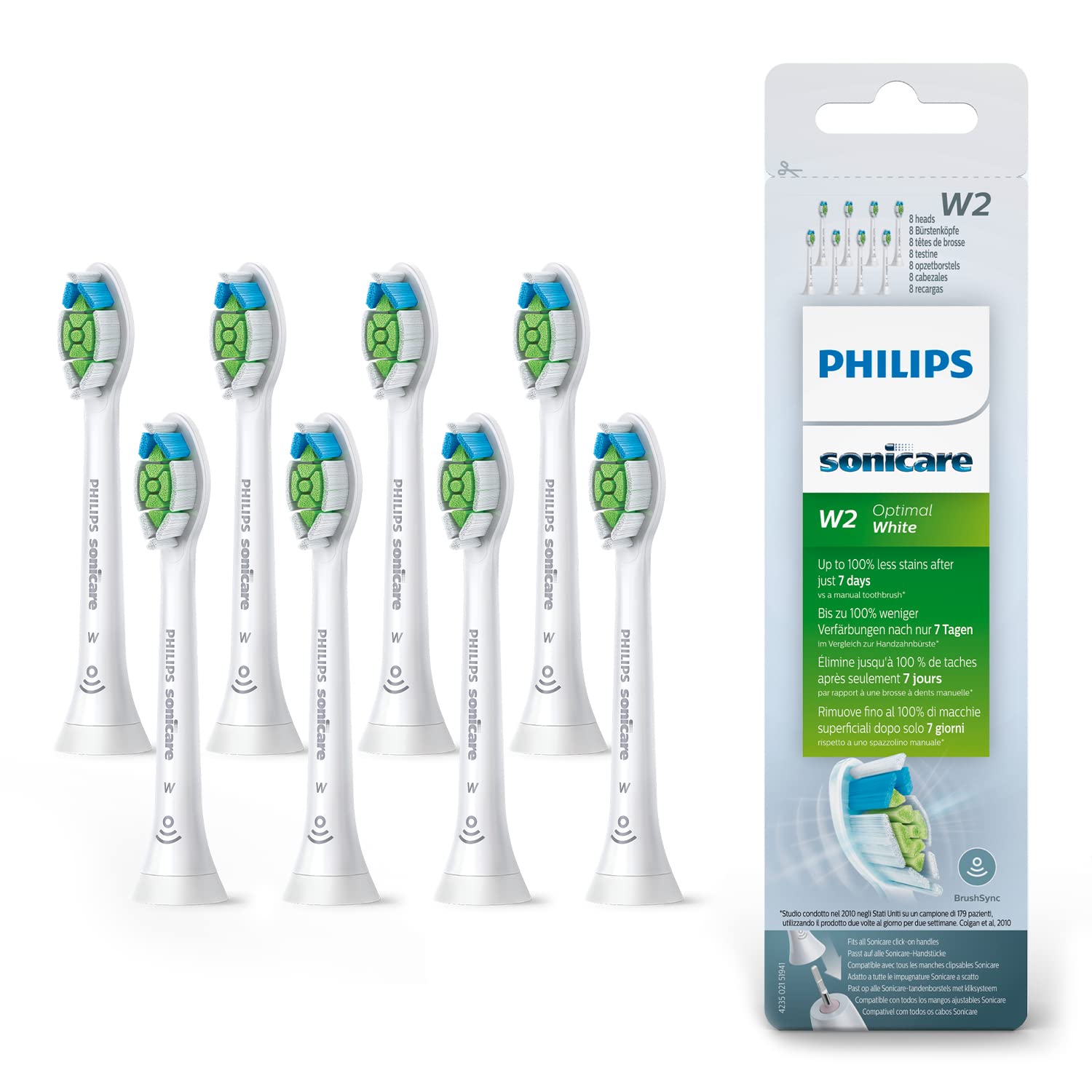 Philips Sonicare Authentic Replacement brush Head Optimal White HX6068/12 with 2x less discoloration and whiter teeth, 8 sets