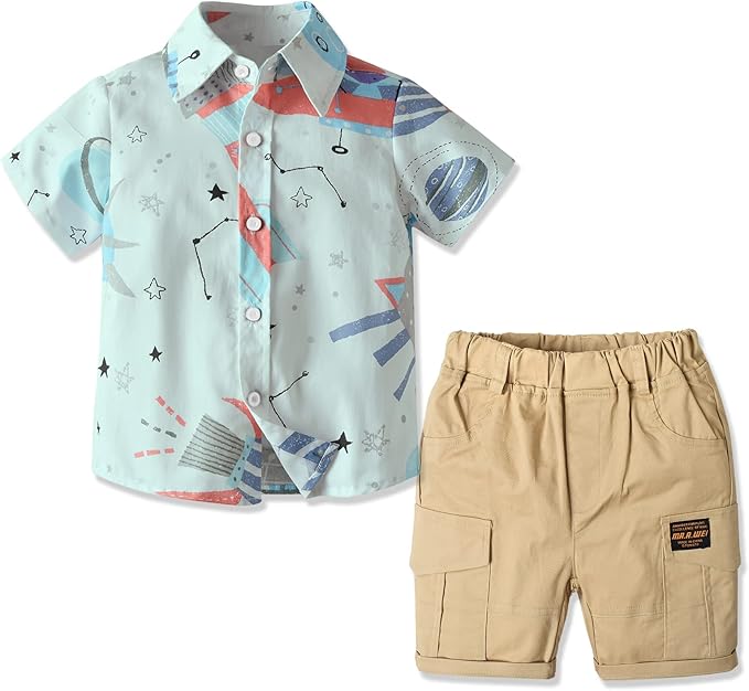 儿童 2 件套夏季连衣裙短袖衬衫   弹性短裤套装 【weilafeir】 服饰