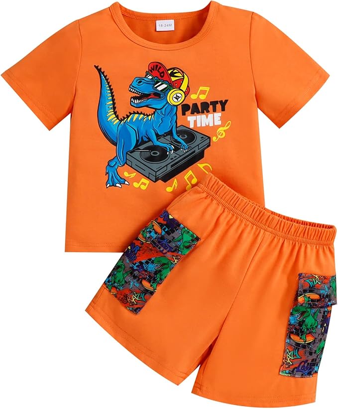 幼儿男孩夏季衣服儿童服装恐龙印花短袖 t 恤   短裤休闲服装裤子套装