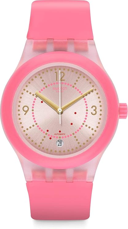 swatch sistem51 sutp401 哑光粉色硅胶自动时尚手表