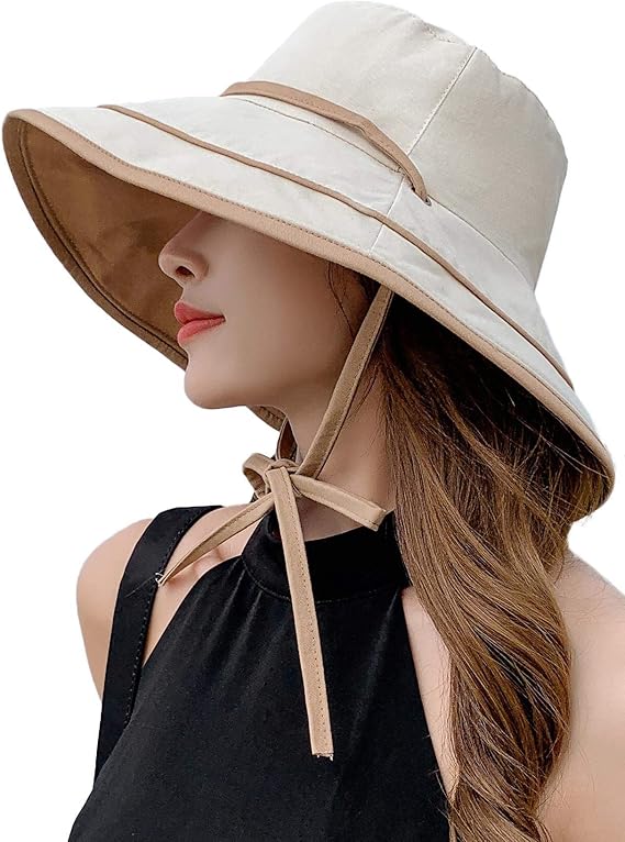 双面防紫外线可折叠太阳帽女士宽边园艺帽带下巴绳56-68cm amns52