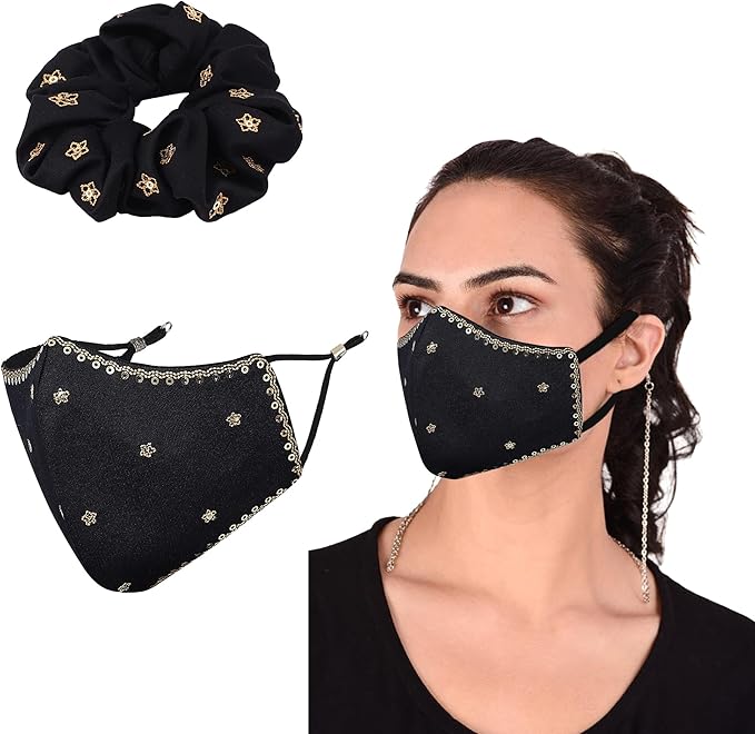 masq by q-one 刺绣,手工制作,围巾和 4 层布面罩组合,带可拆卸链