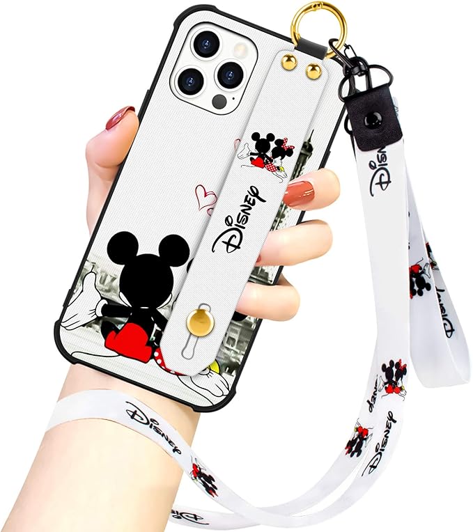 迪士尼系列iphone 12 Pro Max 手机壳 迪士尼米奇情侣街时尚腕带保护手机壳全身保险杠挂绳保护套适用于iphone 12 Pro Max 6 7 英寸