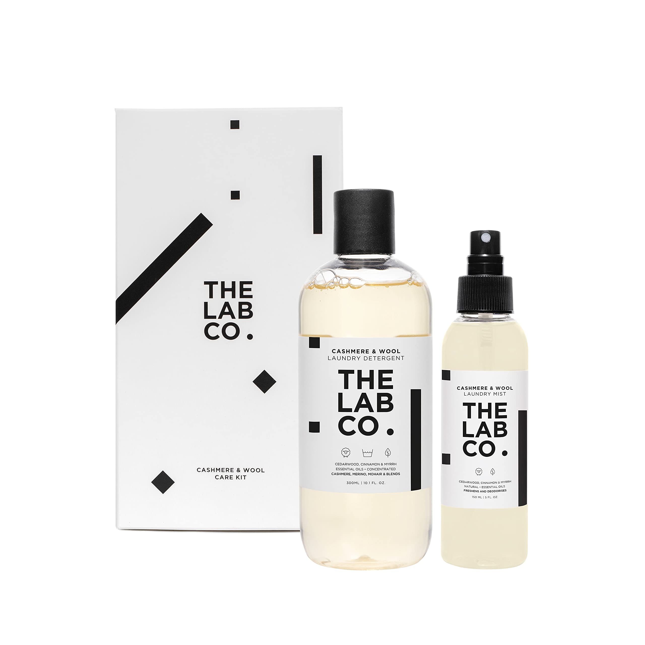 The Lab Co. Cashmere and Wool Care Set Non-biological Laundry Detergent 300ml Fabric and fabric freshener Spray 150ml for wool, Merino wool and mohair