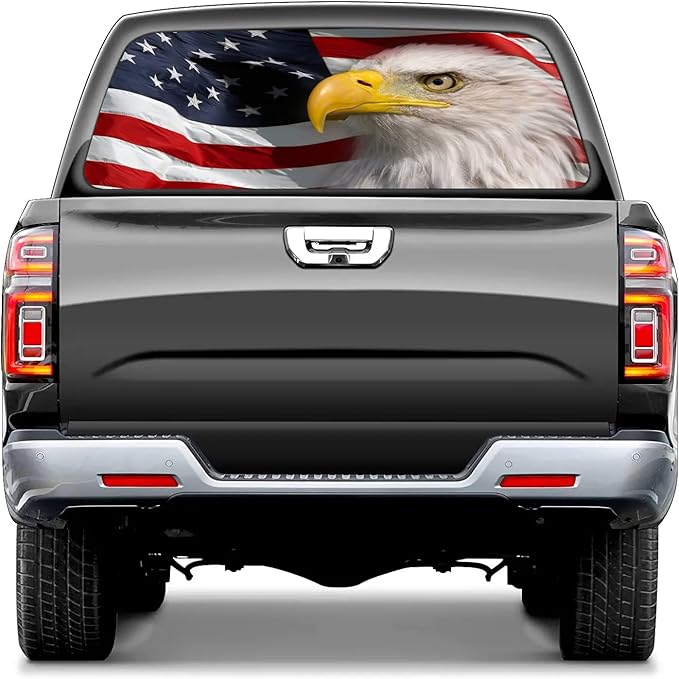 后窗贴花,皮卡美国国旗窗户贴花,鹰后窗着色图形穿孔乙烯基卡车贴纸