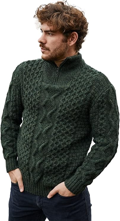 aran 男式爱尔兰渔民羊毛拉链领毛衣开衫爱尔兰制造 【saol】 服饰