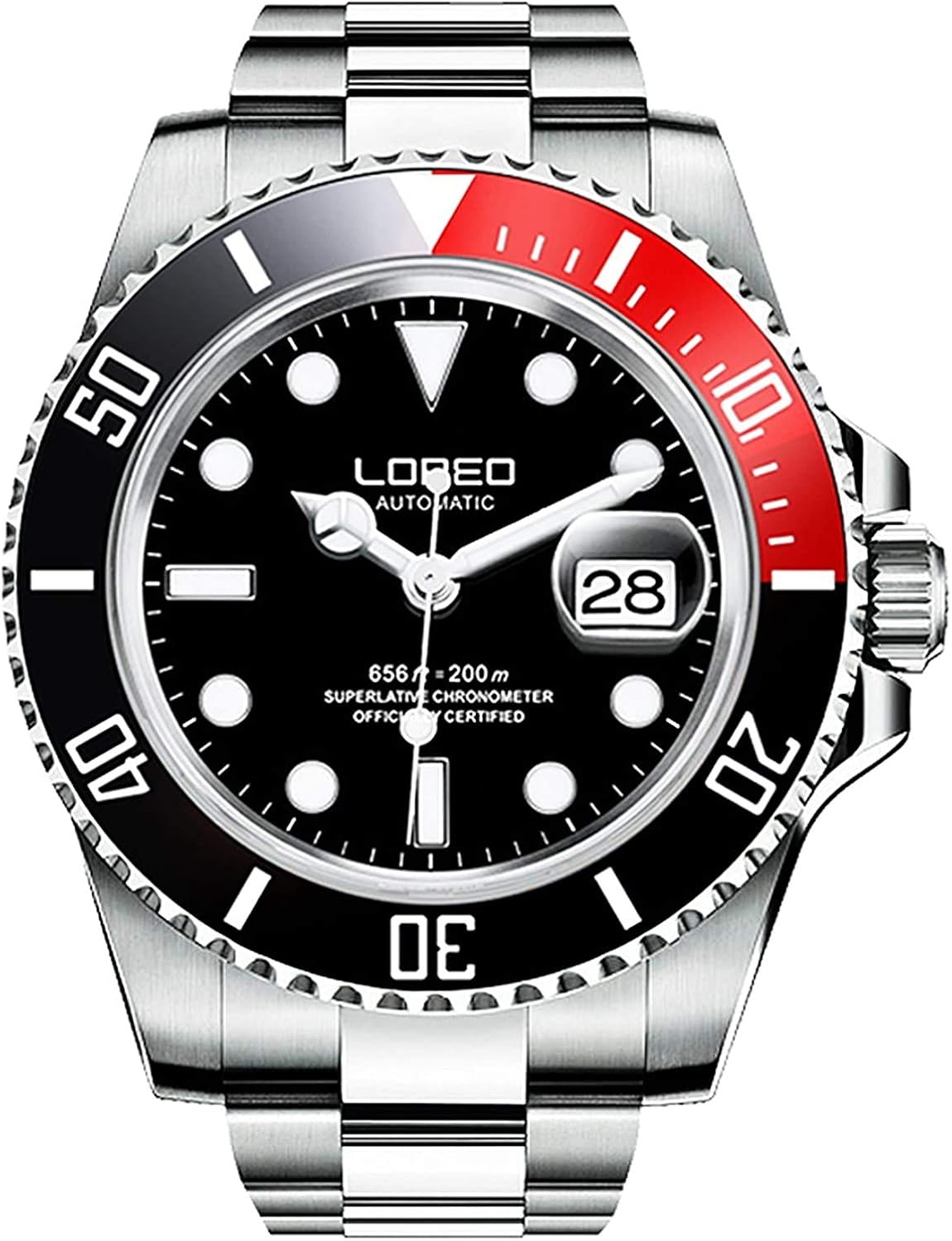 loreo 男式银色不锈钢蓝宝石玻璃黑色旋转表圈男式自动手表