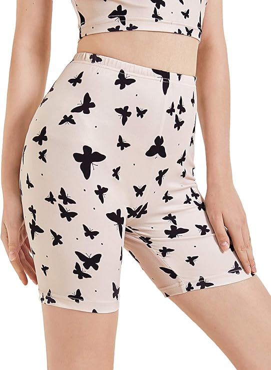 wdirara 女式蝴蝶印花高腰骑行短裤健身短裤