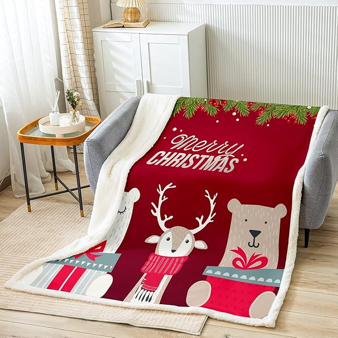 圣诞快乐羊毛毯卡通麋鹿和熊图案毛毯成人青年礼物快乐假日主题超细