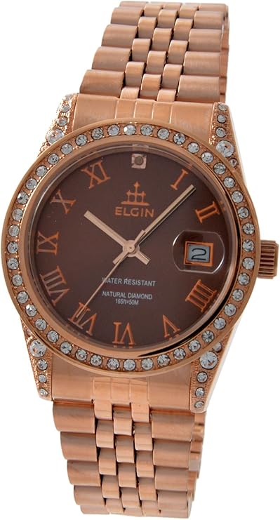 [elgin ]elgin 腕表 全不锈钢 圆形表盘 天然钻石1颗 巧克力棕色 fk
