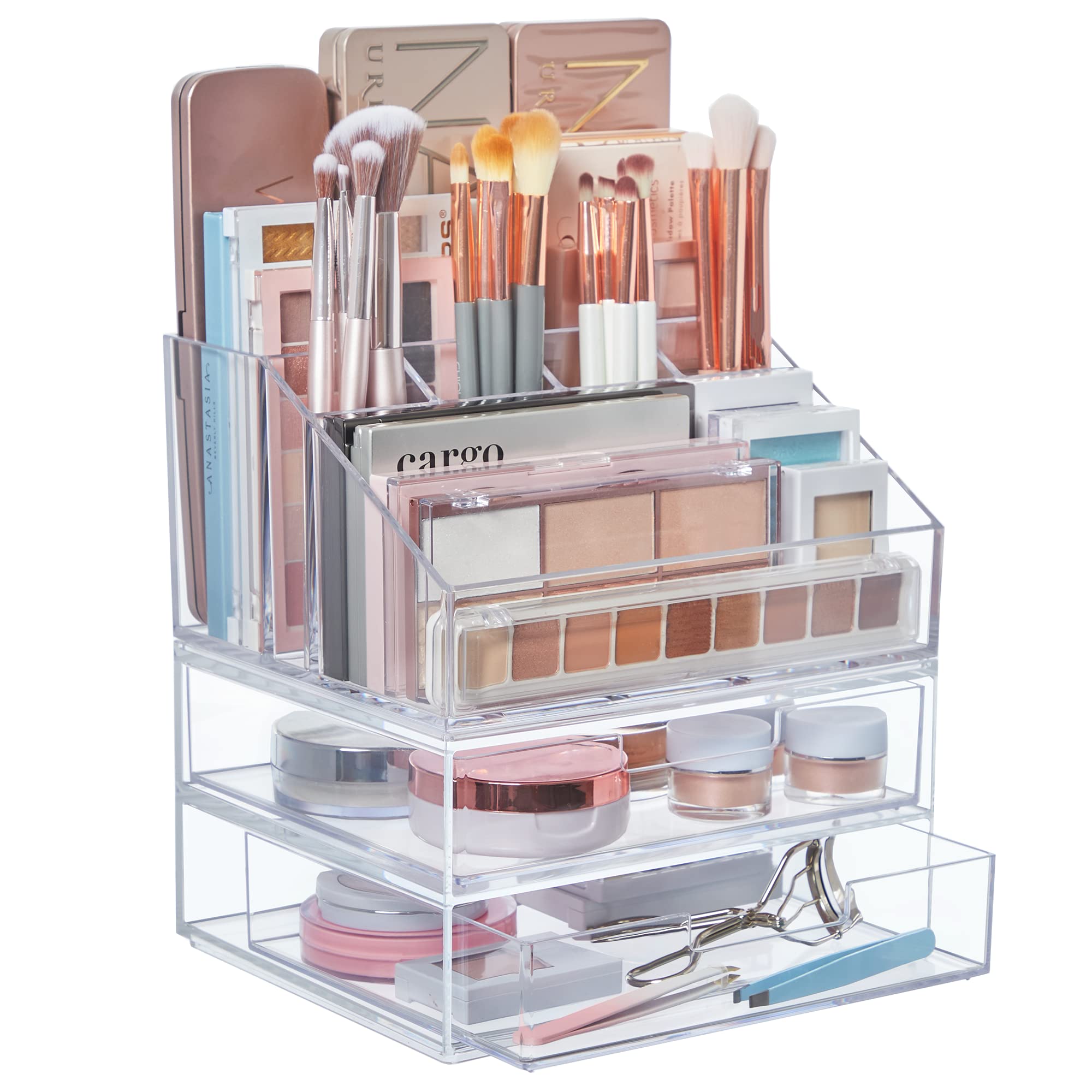 STORi Chloe Stackable transparent makeup racks and double drawer sets organize cosmetics and accessories made in the USA