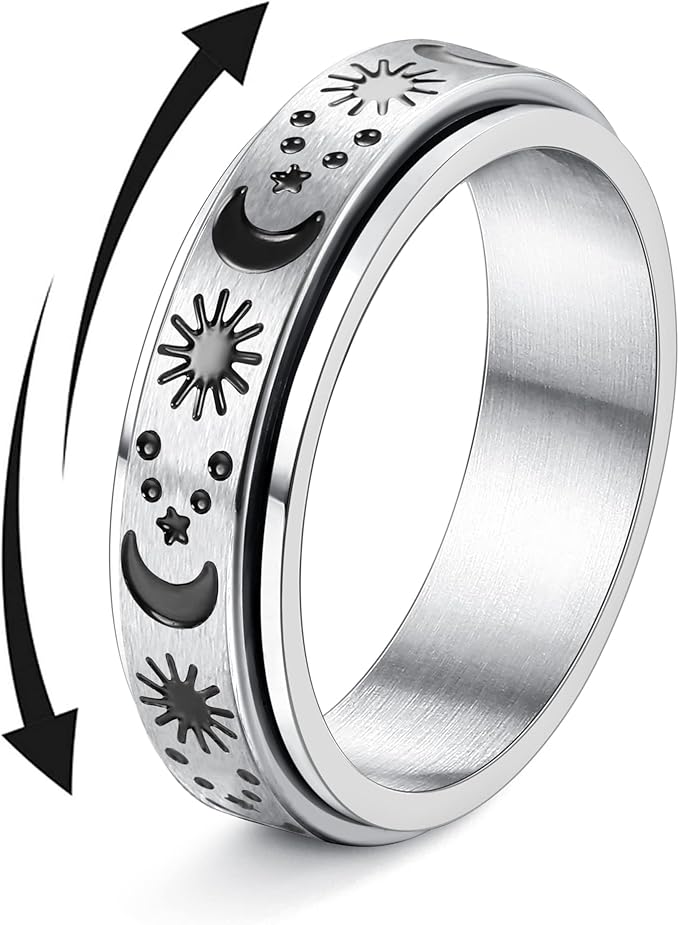 diamday fidget 戒指女士男士不锈钢旋转环用于缓解*压力花月亮星星