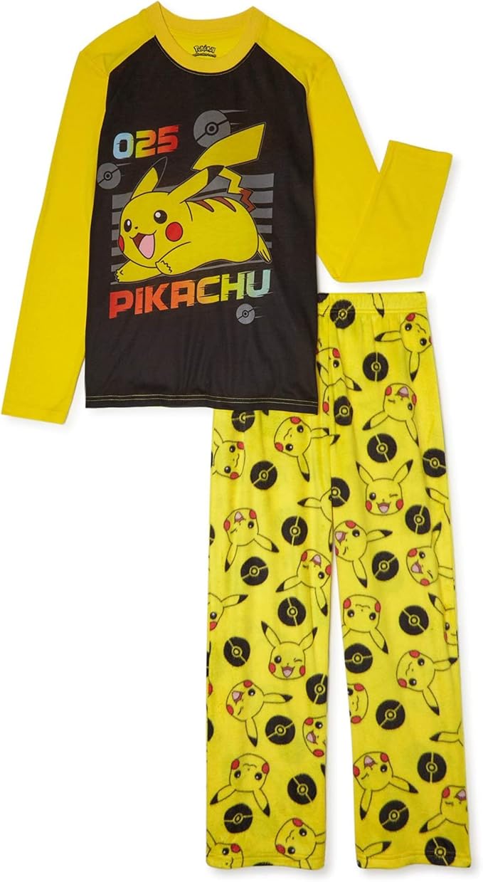 pokemon 精灵宝可梦 025 皮卡丘男孩长袖睡衣套装,2 件套,尺码 4-16