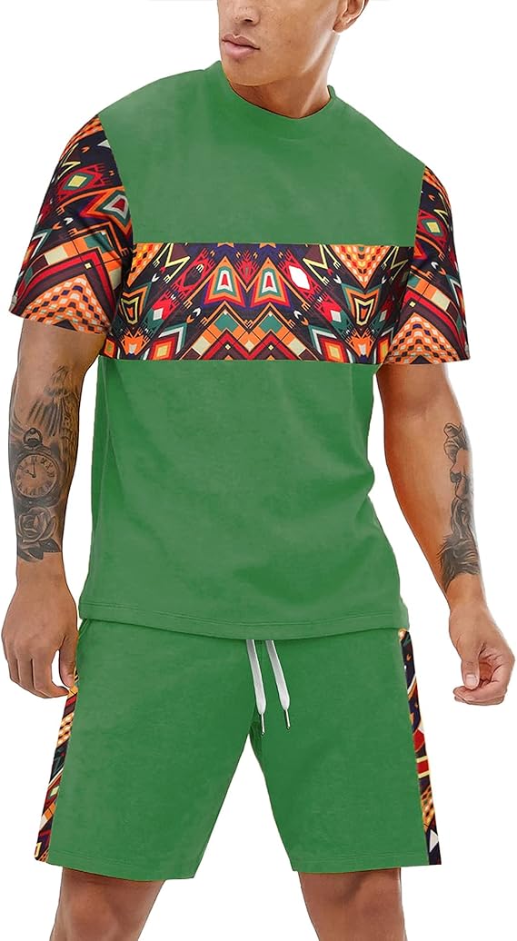 kingbega 男式非洲图案印花 t 恤和短裤套装运动网眼运动服 dashiki