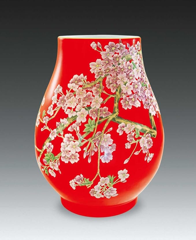 中国红 瓷器 红瓷 樱花 福桶瓶 花鸟纹饰 彩绘系列 20cm×28cm