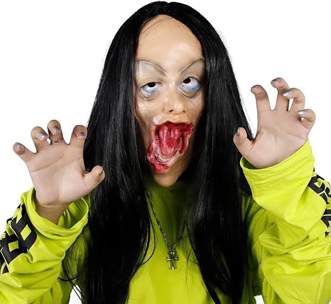 horror challenge game evil 僵尸吸血鬼长发膜,可怕的弯曲牙齿研磨