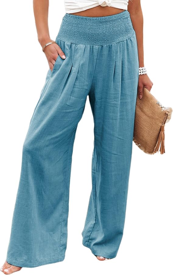 hooever 女式夏季亚麻裤高腰阔腿阔腿裤飘逸休闲裤