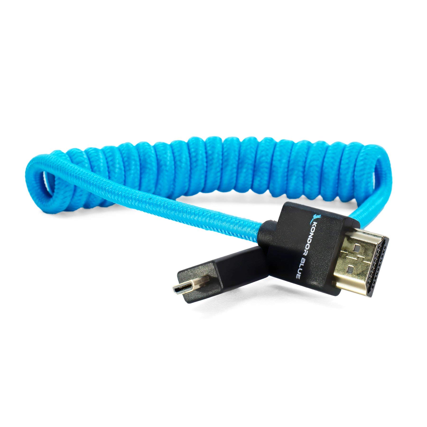 Kondor Blue 14-24 inch (approximately 35.6-61.0 cm) short micro to full HDMI high speed 4K 3D HDR coiled braids cable for camera display 3840 x 2160-60Hz 18Gbps metadata